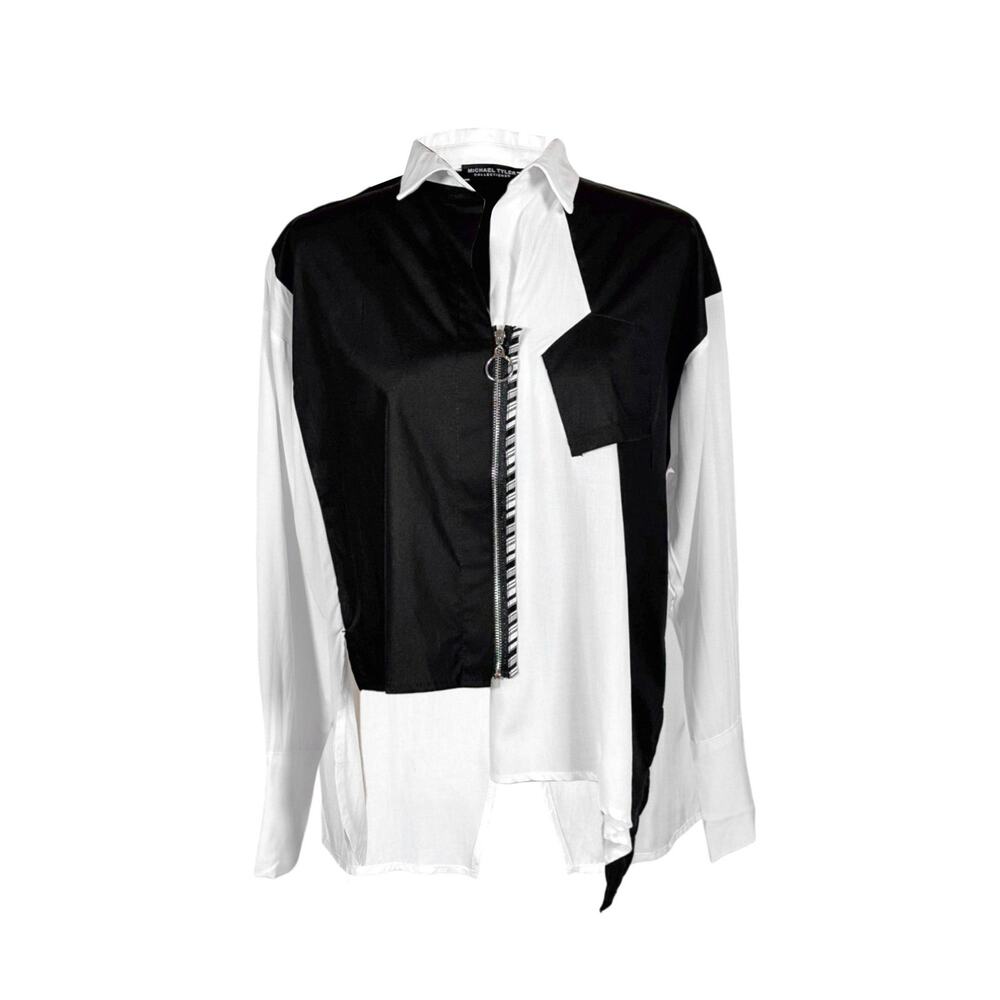 Women's Black White Long Sleeve Shirt Size XL Asymmetrical Michael Tyler NWT
